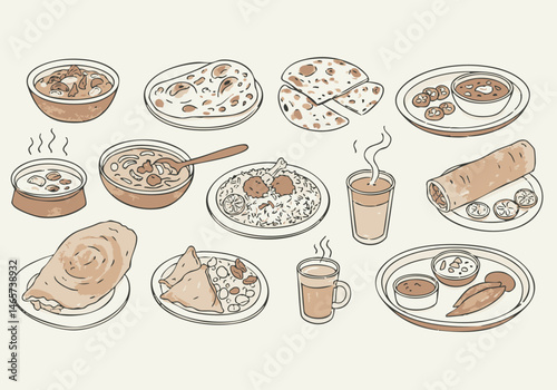 Hand-Drawn Indian Cuisine Collection with Traditional Dishes