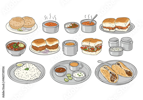 Hand-Drawn Indian Street Food with Popular Dishes and Snacks