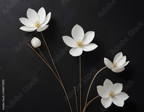 Minimalist 3D illustration of white paper flowers with golden stems and leaves, arranged in an elegant circular frame on a soft light background. Perfect for decor or luxury design.