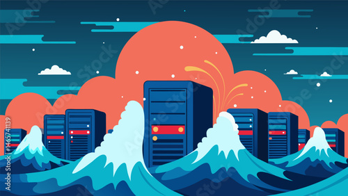 A digital ocean with waves of data crashing against the shore of a vast mainframe where machine learning algorithms are constantly evolving through the constant influx of data. Vector illustration
