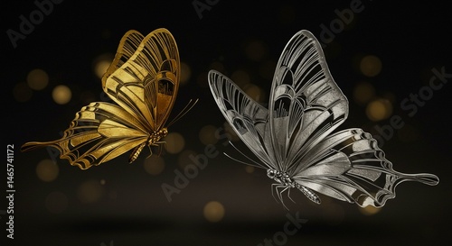 Elegant Gold and Silver Butterflies on Dark Background Luxury Design Artistic Image