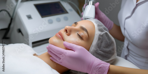 Woman receiving high-frequency facial treatment in spa clinic with cosmetologist, perfect for skincare promotions, facial rejuvenation services, and beauty industry visuals