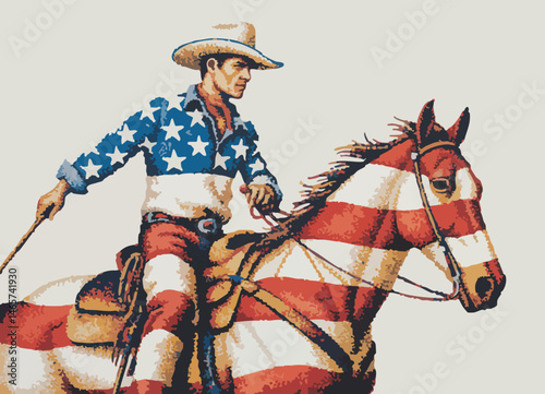 Patriotic Western Art – Cowboy Riding Horse Formed from American Flag Dots Against Fiery Sunset and Rugged Desert Landscape