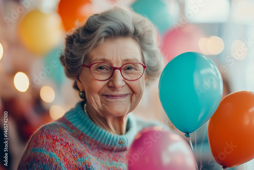 Obraz na płótnie Elderly woman smiling joyfully holding colorful balloons at celebration party, ideal for retirement events, birthdays, family gatherings, and joyful moments w salonie