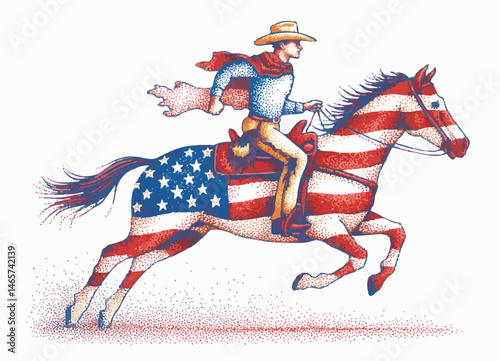 Patriotic Western Art – Cowboy Riding Horse Formed from American Flag Dots Against Fiery Sunset and Rugged Desert Landscape