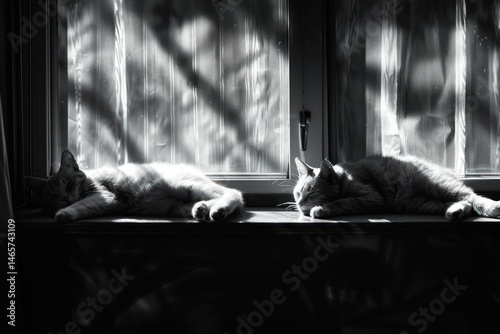 Two cats resting peacefully in sunlit window sill, monochrome view.