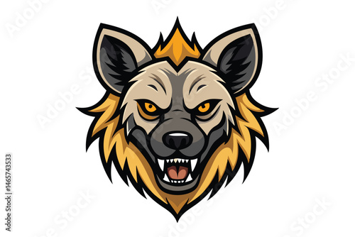 An angry hyena with golden eyes and exposed teeth stares intensely forward