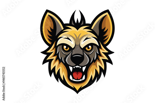 Angry hyena head with open mouth, sharp teeth, and glowing golden eyes stares intensely