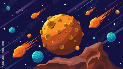 A data asteroid field with each asteroid containing valuable data waiting to be collected and analyzed.. Vector illustration