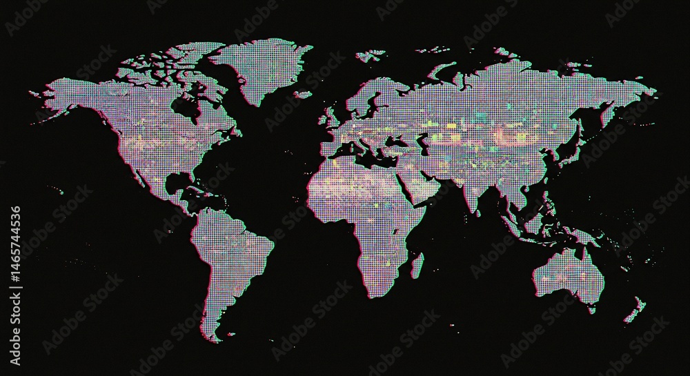 Fototapeta premium Digital world map with glitch effect on black background for global technology concept and design use