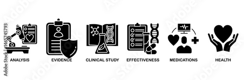Clinical research icon set vector illustration concept with icon of analysis, evidence, clinical study, effectiveness, medications and health