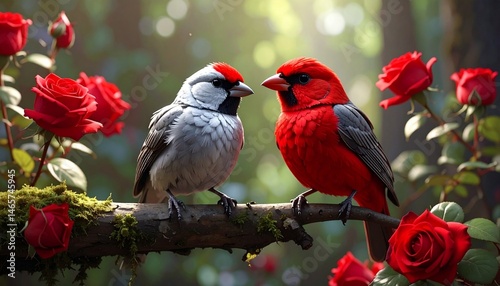 red birds on the branch in the forest, there are roses around them
