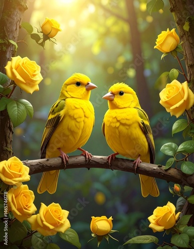 yellow birds birds on the branch in the forest, there are yellow roses around them,