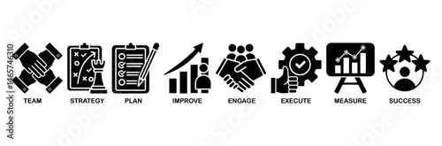 Change management icon set vector illustration for business transformation and organizational change with team, strategy, plan, improve, engage, execute, measure, and success icon