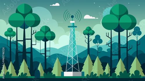 A digital forest with each tree representing a communication tower highlighting the vast and interconnected nature of telecommunications data infrastructure.. Vector illustration