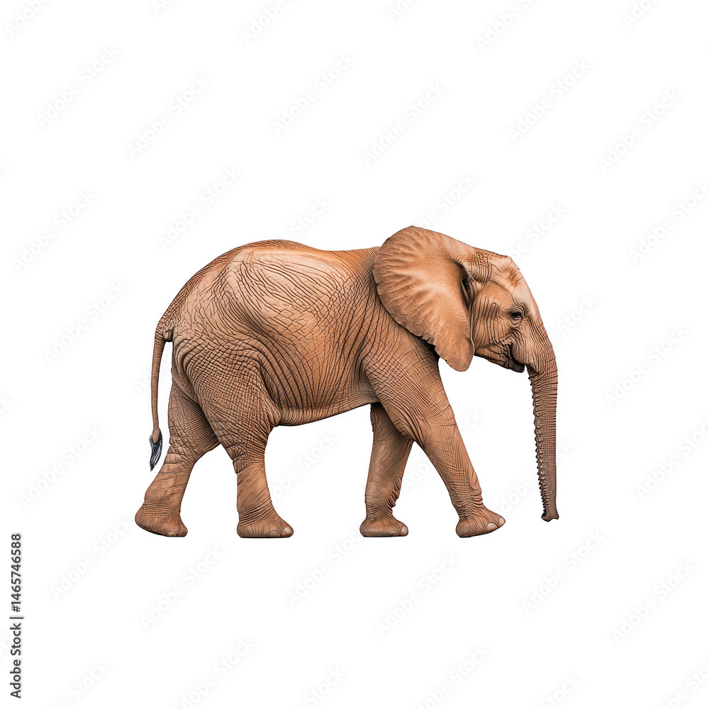 Fototapeta premium Elephant walking gracefully with its trunk extended, showcasing its large ears and textured skin. majestic animal is depicted in side profile against plain background