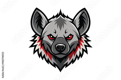 Gray hyena head fiercely stares with bright red eyes on a white background