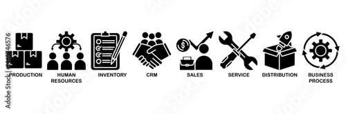 Enterprise resource planning icon set vector illustration concept with icon of production, human resources, inventory, crm, sales, service, distribution, business process