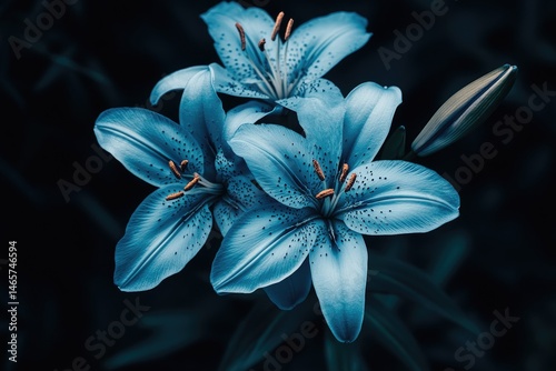 Azure lilies in dark garden photo
