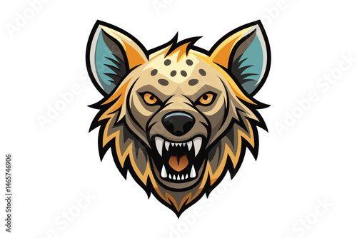 Animated spotted hyena head snarls fiercely showing its sharp teeth and piercing orange eyes