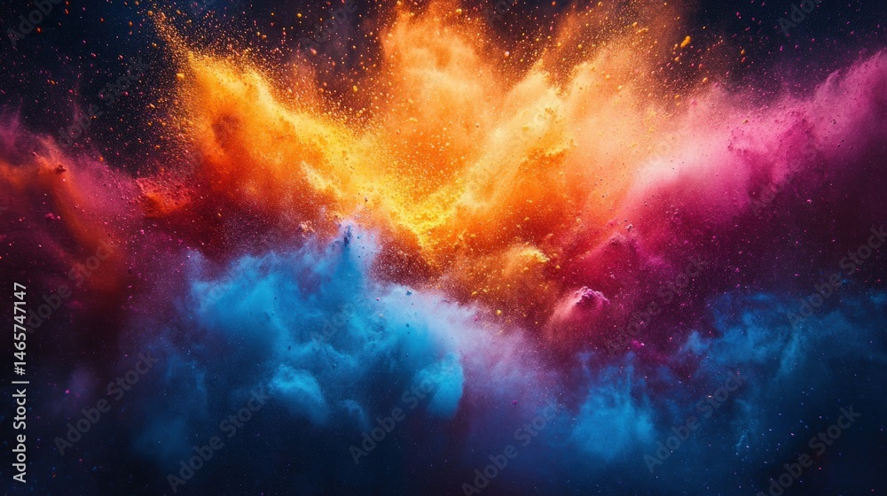 Obraz premium Vibrant colorful powder explosion with bright orange, blue, and purple clouds against a dark background creating a dynamic and energetic visual effect