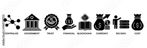 CBDC icon set vector illustration concept of central bank digital currency with icons of centralize, government, trust, financial, blockchain, currency, big data and cost