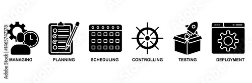 Release management icon set vector illustration concept with icon of managing, planning, scheduling, controlling, testing and deployment