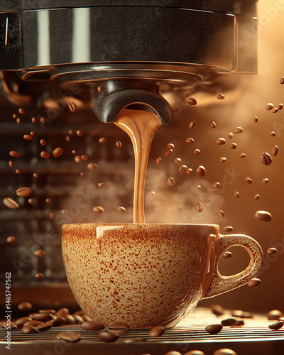 Fresh Espresso Stream into Rustic Ceramic Cup Surrounded by Floating Coffee Beans
