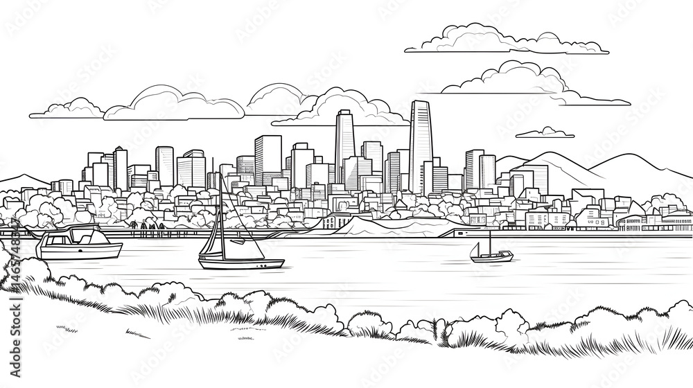 Obraz premium Detailed Bay with City Continuous Line Art Vector Illustration for Projects