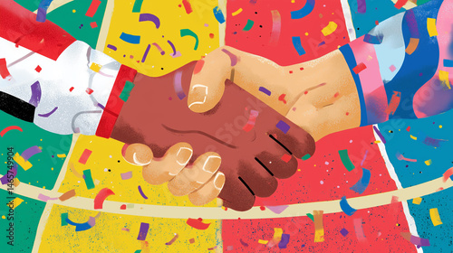 Hands of diverse athletes united in teamwork gesture over colorful confetti background to honor World Fair Play Day. Sportsmanship concept
