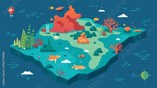 A detailed map of a coral reef system created using geospatial data to show the different types of coral and their locations.. Vector illustration