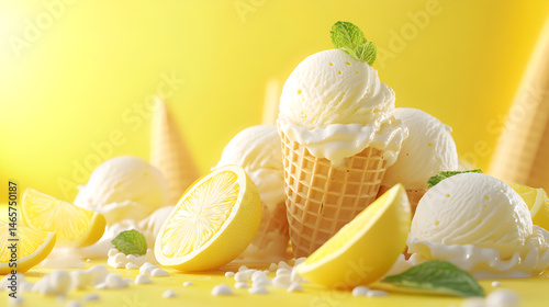 Lemon Vanilla Ice Cream in Cone with Slices and Mint on Yellow Background photo