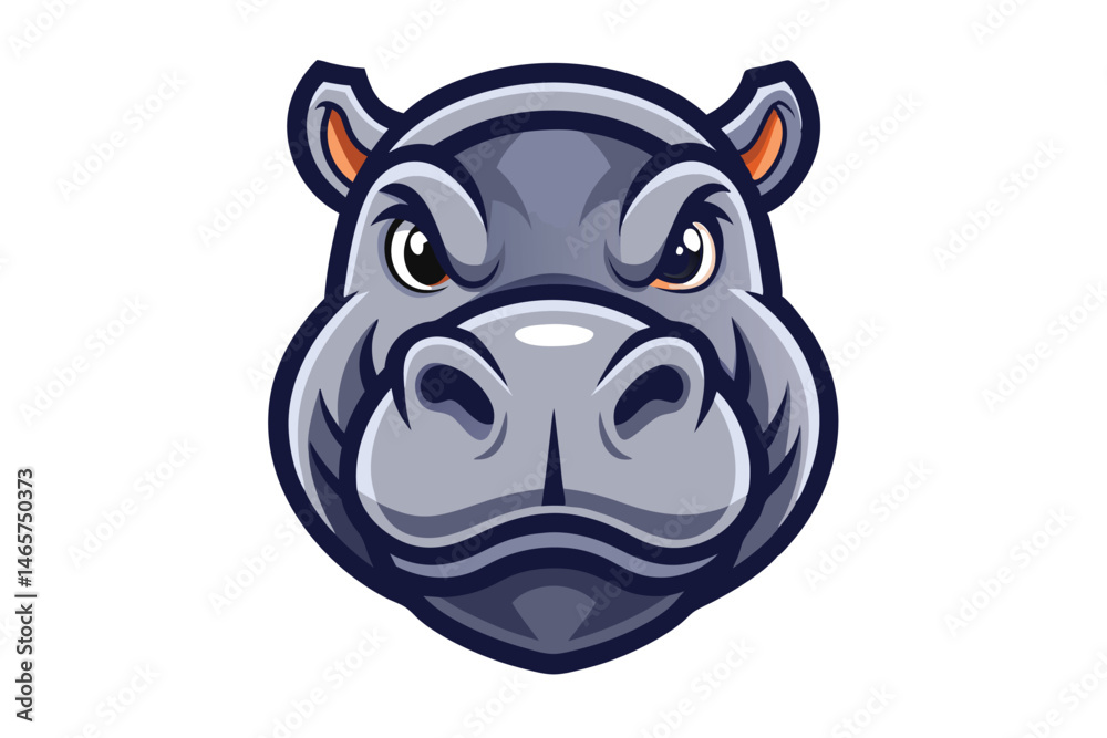 Naklejka premium Cartoon hippo with gray skin shows an angry expression on a white backdrop