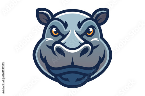 An intense grey hippo head with piercing eyes stares directly forward with determination