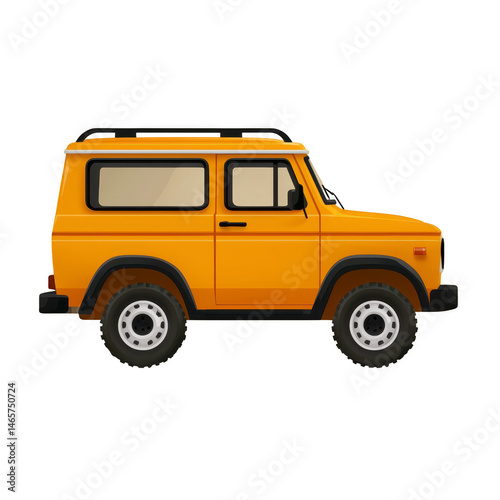 Bright orange vintage off road vehicle with boxy design and roof rack, showcasing classic and rugged style. vehicle is depicted in side view, highlighting its sturdy build and retro appeal