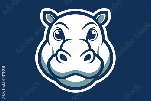 Hippopotamus face with navy outline looks forward on a deep blue background