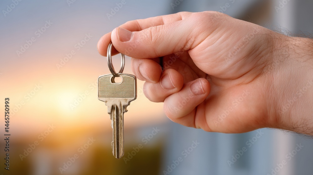 Obraz premium Hand Holding Key Against Blurred Background at Sunset Moment