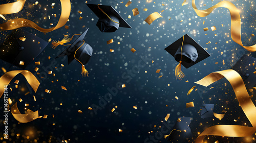 Golden ribbons and graduation caps floating in celebration on dark blue background
