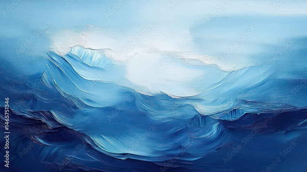 Fototapeta premium Abstract textured painting of mountain landscape with various shades of blue blending into a soft sky