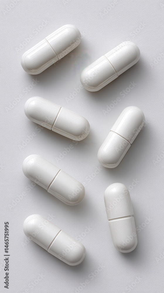 White Capsules Arranged on Light Background for Pharmaceutical Use White Capsules Arranged on Light Background for Pharmaceutical Use