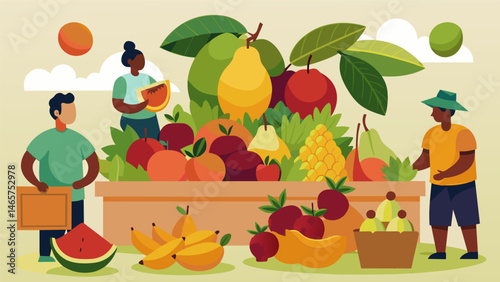 A variety of unique fruits such as ly pear and sapodilla enticing customers to try soing new from the adventurous fruit vendor.. Vector illustration