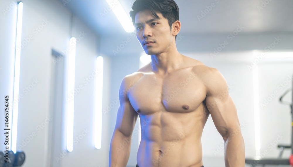 Obraz premium A close-up of a man's upper body shows his abdominal muscles in a fitness center illuminated by blue lights
