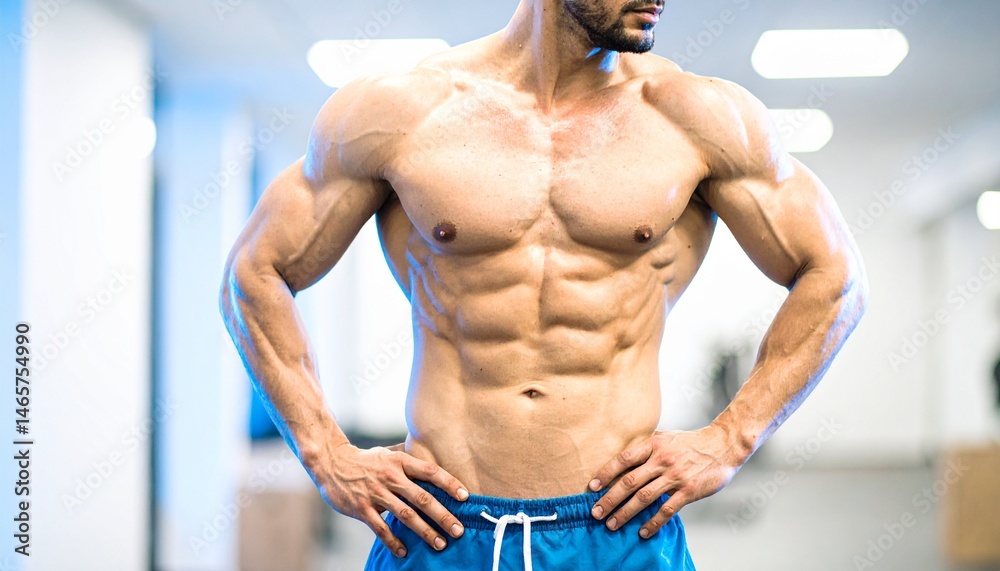 Obraz premium A close-up of a man's upper body shows his abdominal muscles in a fitness center illuminated by blue lights