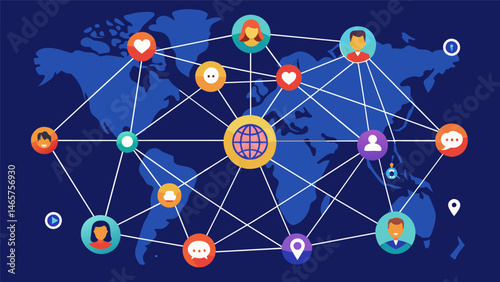A digital visualization of international social media connections resembling a complex spiderweb.. Vector illustration