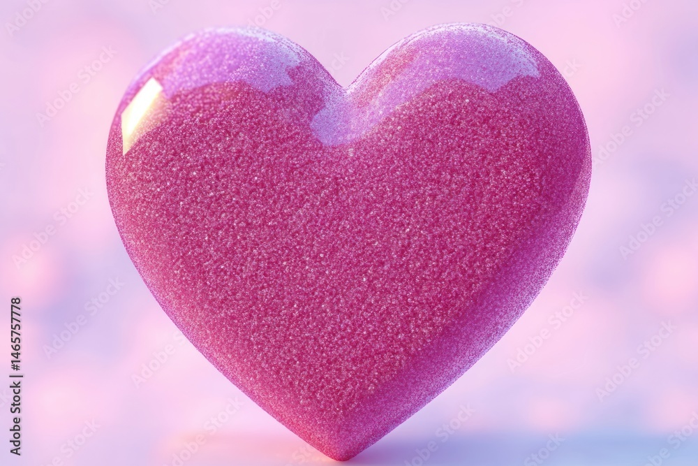Obraz premium Glossy pink textured heart with sparkling surface on soft pink and purple blurred background, evoking warmth and affection