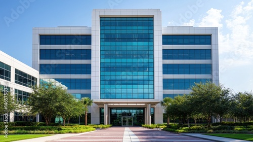 Modern Office Building With Glass Facade and Lush Green Landscape