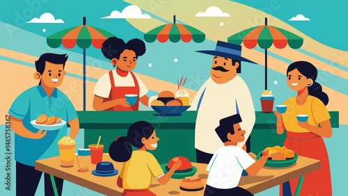 A popular gathering spot for locals who exchange stories and laughter over plates of delicious sopes and gorditas at this stand.. Vector illustration