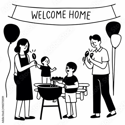 Whimsical Line Art Illustration of a Family Reunion Barbecue