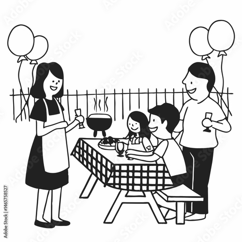 Whimsical Line Art Illustration of a Family Reunion Barbecue