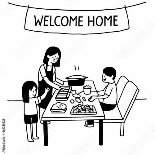 Whimsical Line Art Illustration of a Family Reunion Barbecue